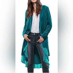 R.Vivimos Womens Ruffled Asymmetric Long Velvet Jacket